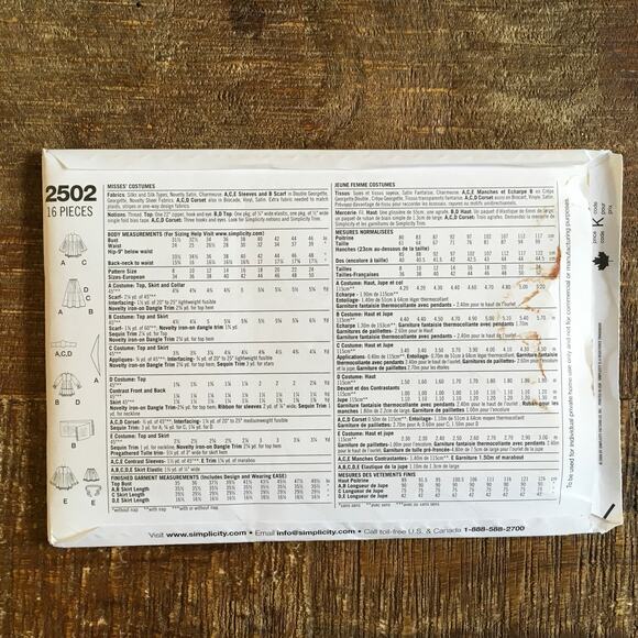 Simplicity Sewing Pattern 2502 Womens Costume Top Skirt Corset 8-16 UNCUT - Picture 2 of 2